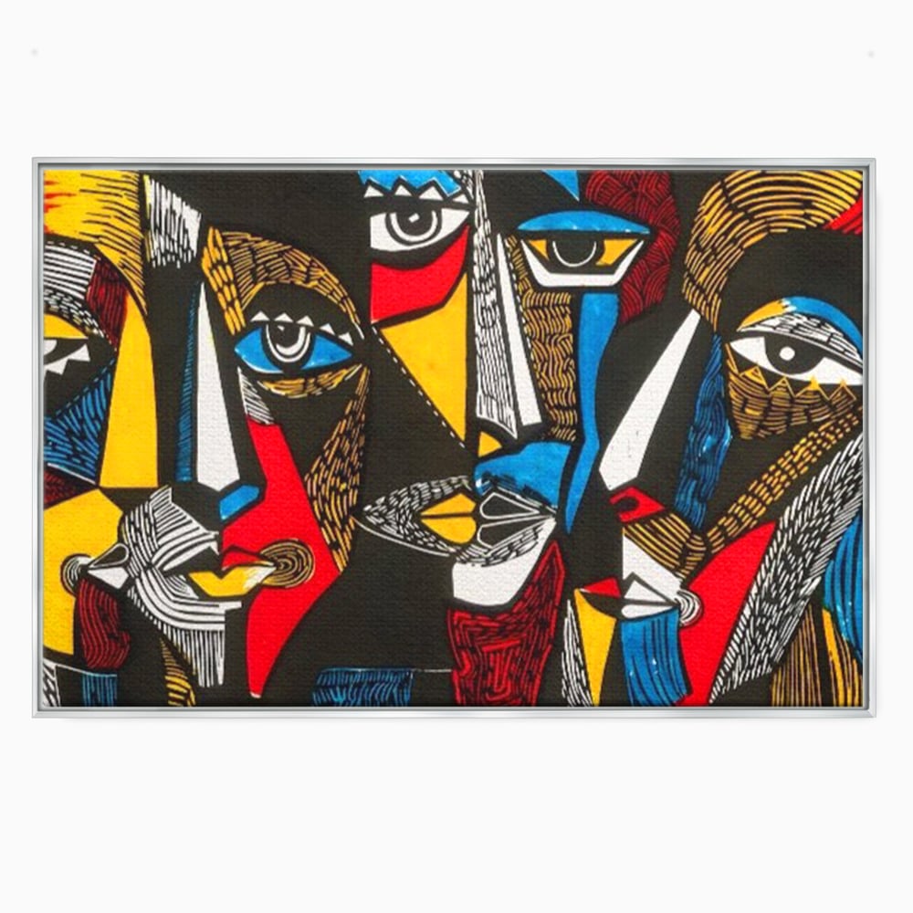 Tablou canvas cu tablou abstract cu fete colorate, in rama de aluminiu argintiu