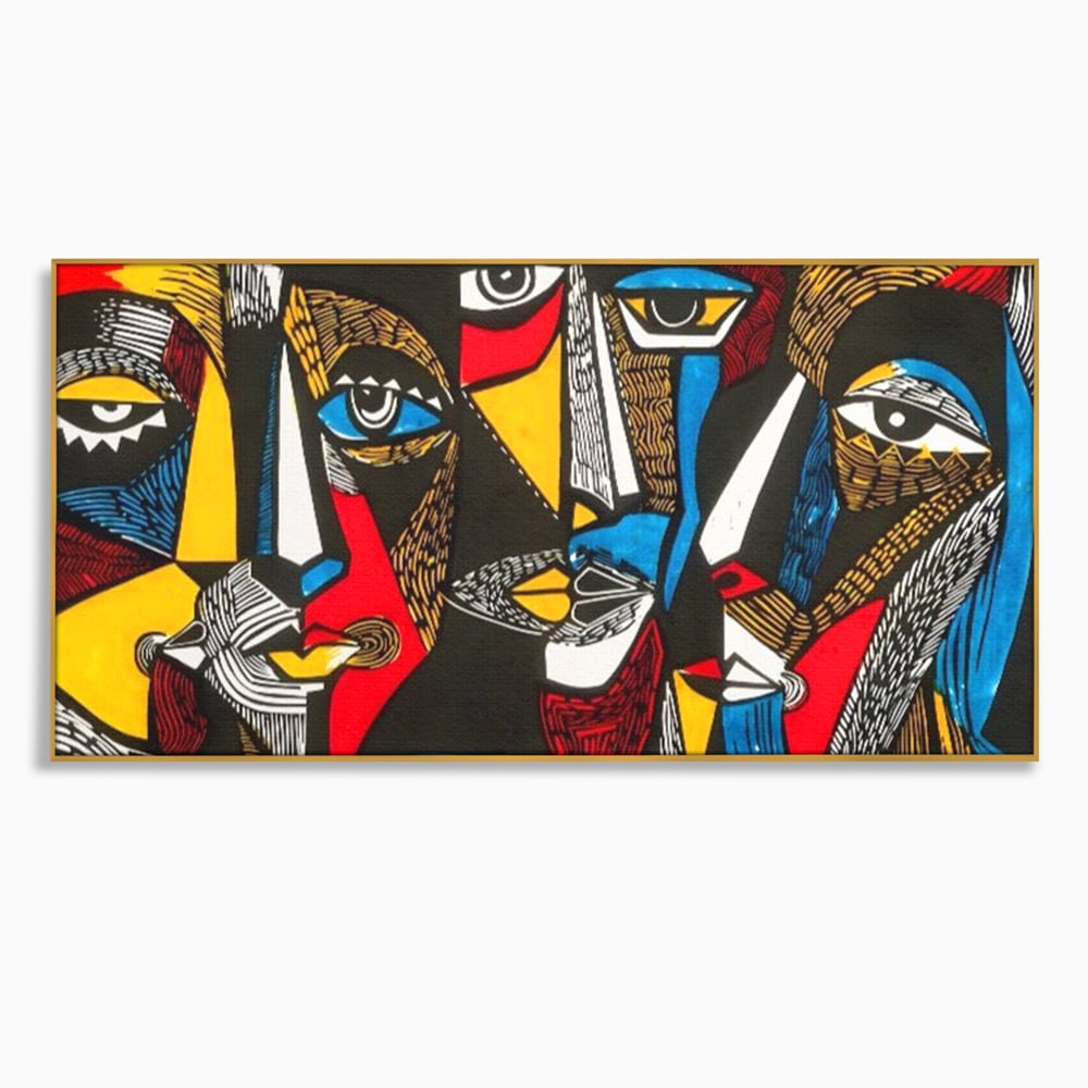 Tablou canvas cu tablou abstract cu fete colorate, in rama de aluminiu auriu