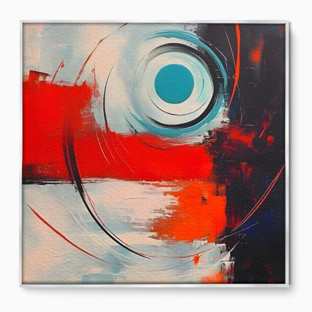 Tablou canvas cu pictura abstracta cu cercuri concentrice, in rama de aluminiu argintiu