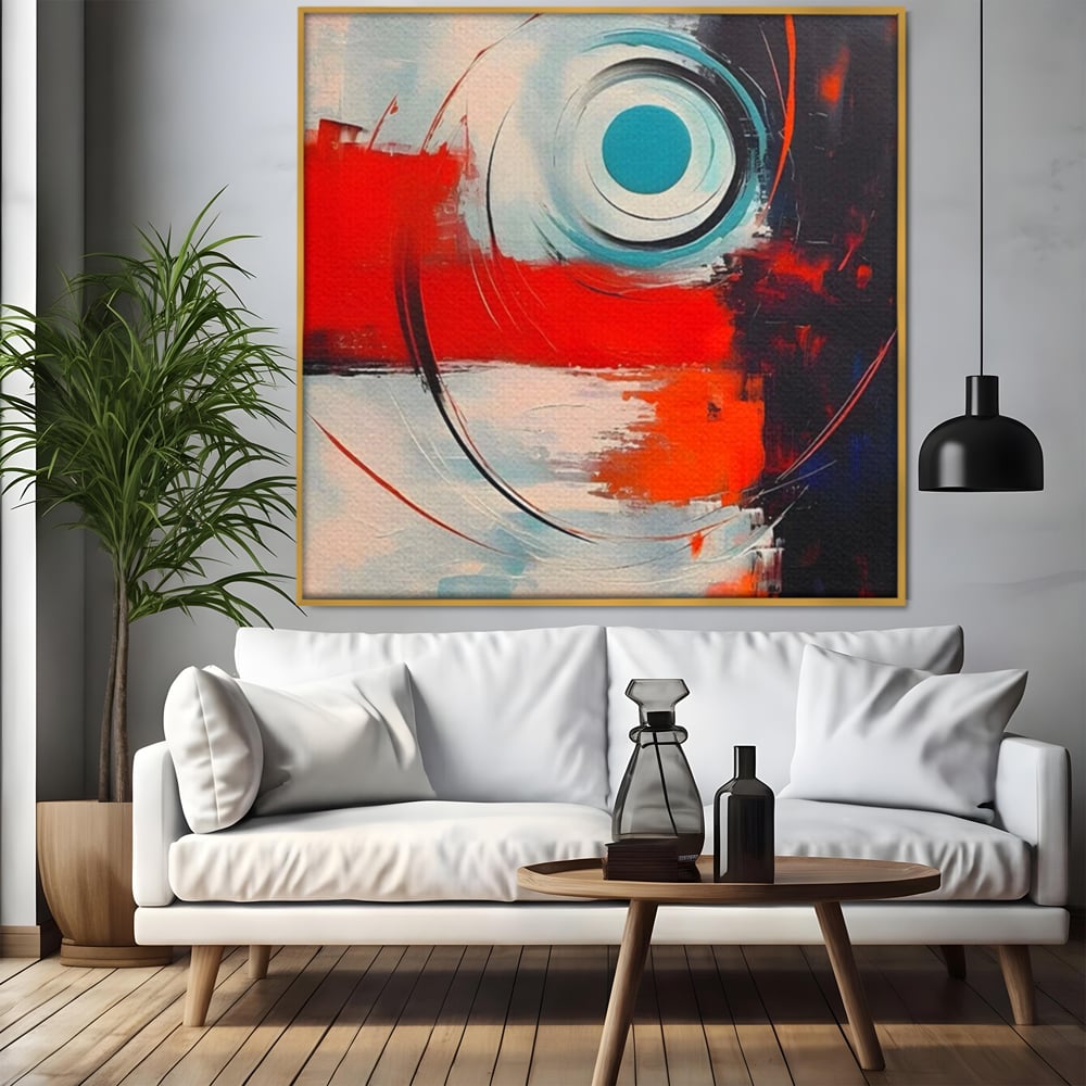 Tablou canvas cu pictura abstracta cu cercuri concentrice, in rama de aluminiu auriu, pe perete intr-un living