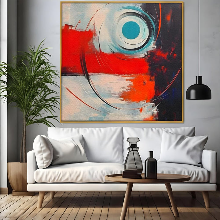 Tablou canvas cu pictura abstracta cu cercuri concentrice, in rama de aluminiu auriu, pe perete intr-un living