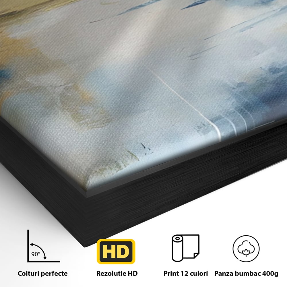 Detaliu al suprafetei: pictura abstracta cu peisaj si cer, in rama de aluminiu negru