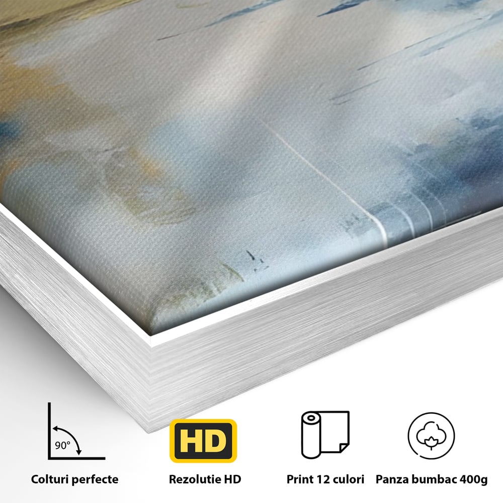 Detaliu al suprafetei: pictura abstracta cu peisaj si cer, in rama de aluminiu argintiu