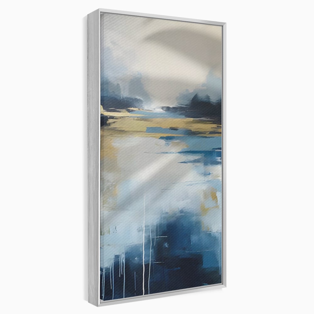 Tablou canvas cu pictura abstracta cu peisaj si cer, in rama de aluminiu argintiu