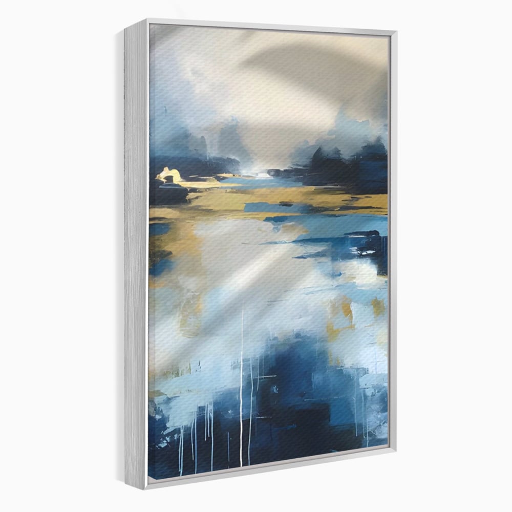 Tablou canvas cu pictura abstracta cu peisaj si cer, in rama de aluminiu argintiu