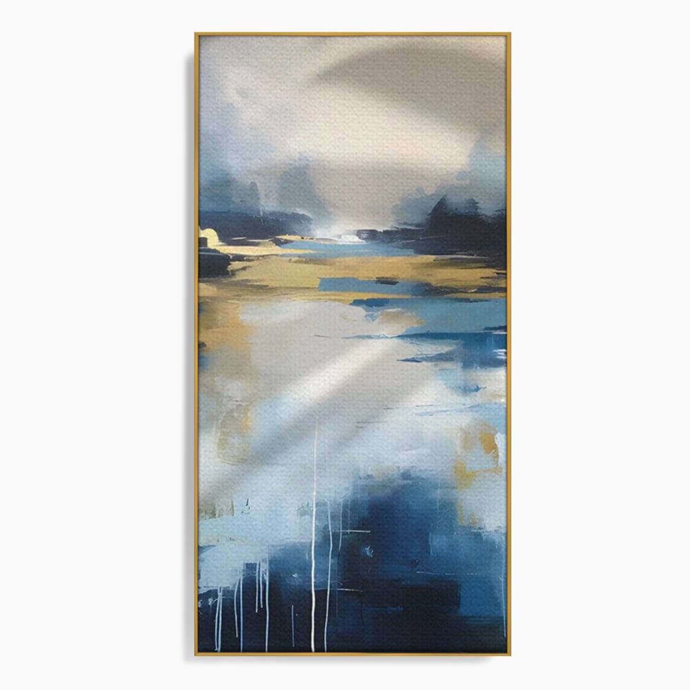 Tablou canvas cu pictura abstracta cu peisaj si cer, in rama de aluminiu auriu
