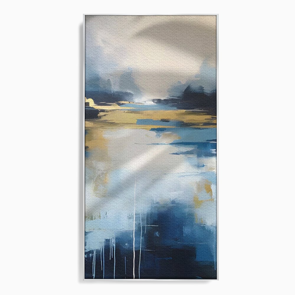 Tablou canvas cu pictura abstracta cu peisaj si cer, in rama de aluminiu argintiu