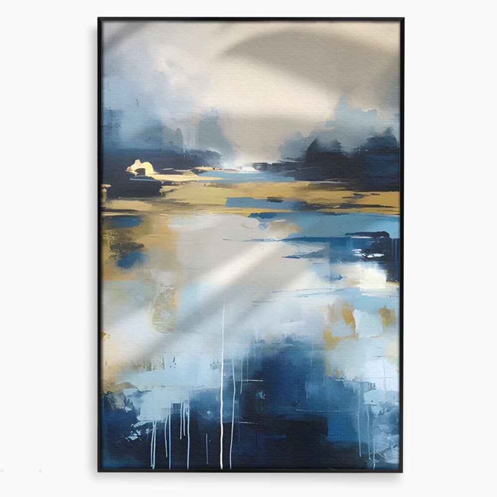 Tablou canvas cu pictura abstracta cu peisaj si cer, in rama de aluminiu negru