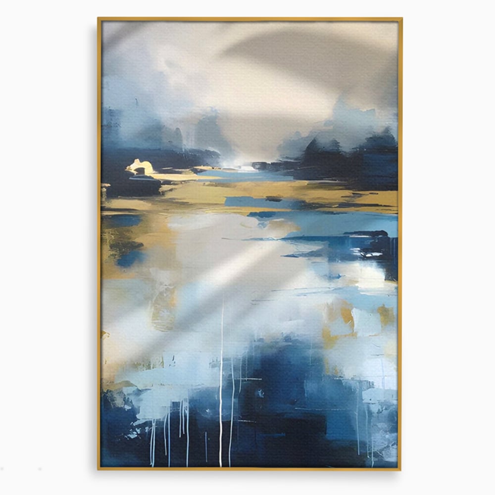 Tablou canvas cu pictura abstracta cu peisaj si cer, in rama de aluminiu auriu