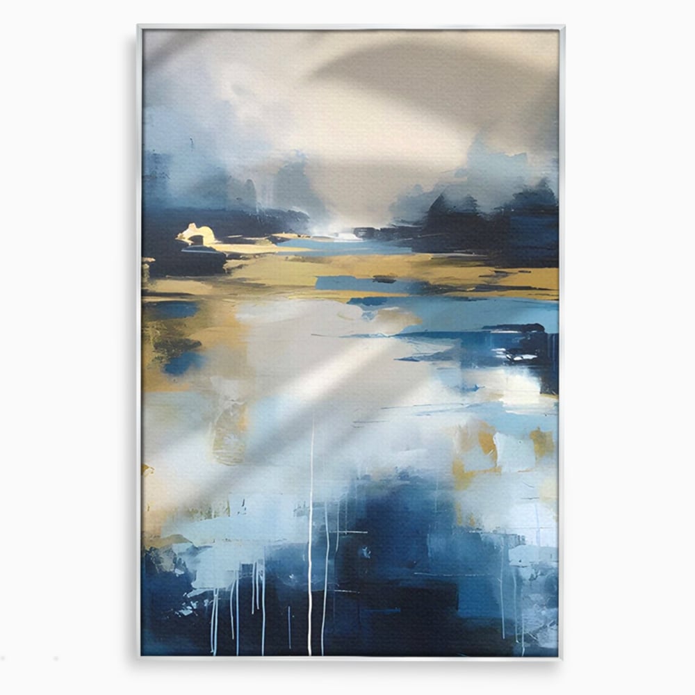 Tablou canvas cu pictura abstracta cu peisaj si cer, in rama de aluminiu argintiu