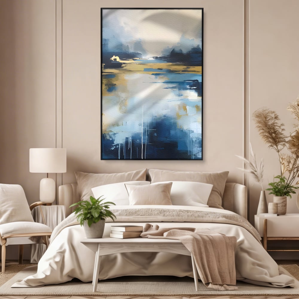 Tablou canvas cu pictura abstracta cu peisaj si cer, in rama de aluminiu negru, pe perete intr-un dormitor
