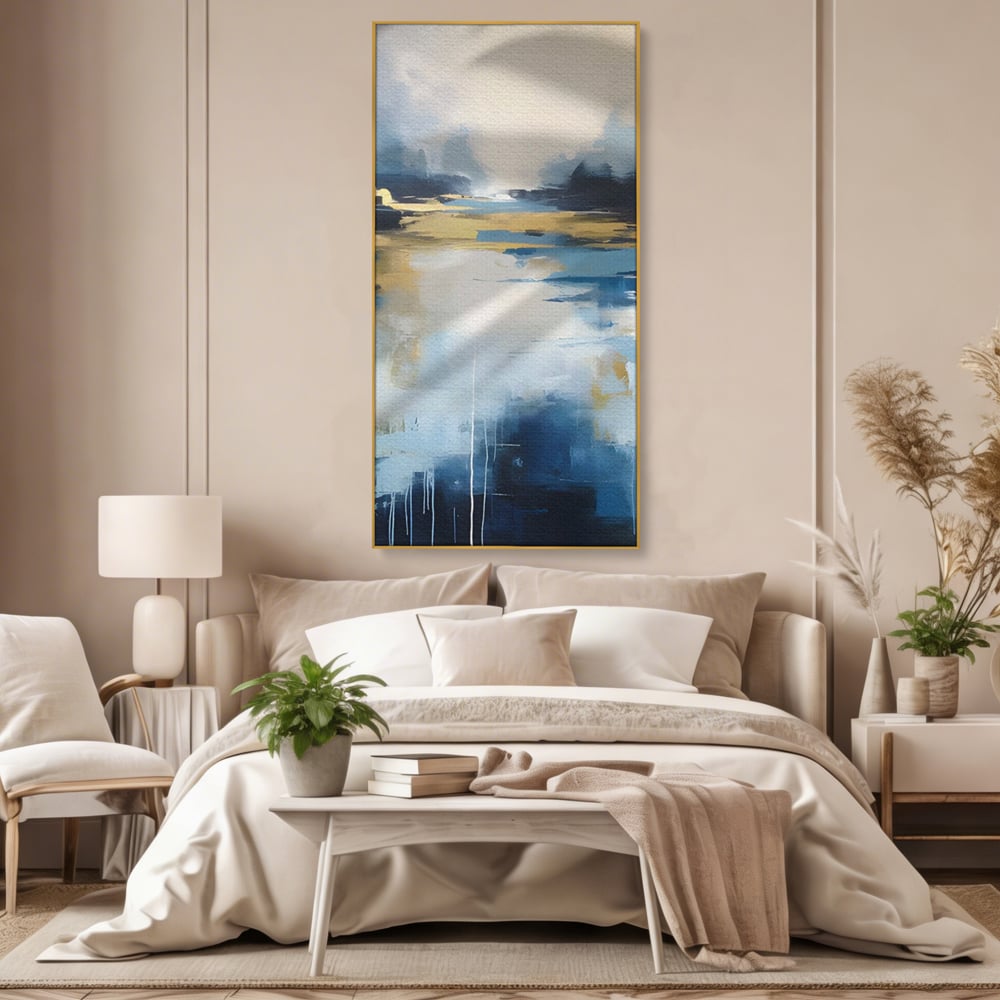 Tablou canvas cu pictura abstracta cu peisaj si cer, in rama de aluminiu auriu, pe perete intr-un dormitor