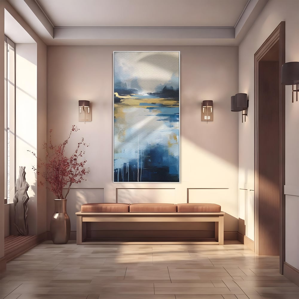 Tablou canvas cu pictura abstracta cu peisaj si cer, in rama de aluminiu argintiu