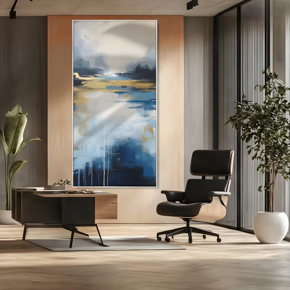 Tablou canvas cu pictura abstracta cu peisaj si cer, in rama de aluminiu argintiu, pe perete intr-un birou