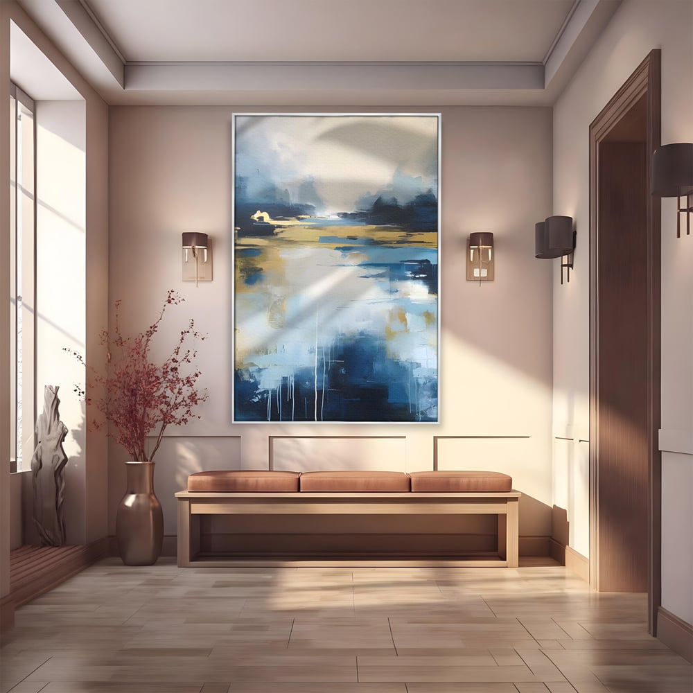Tablou canvas cu pictura abstracta cu peisaj si cer, in rama de aluminiu argintiu