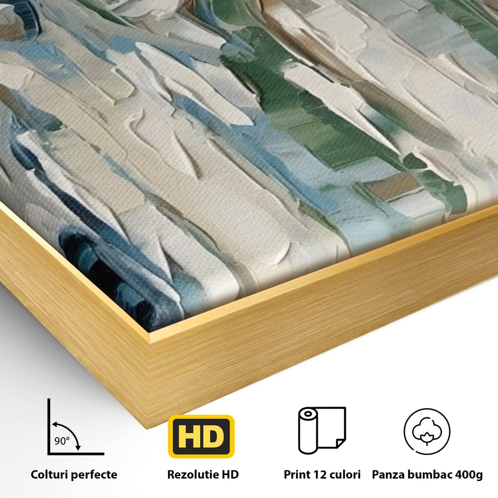 Detaliu al suprafetei: tablou canvas cu fete abstracte, in rama de aluminiu auriu