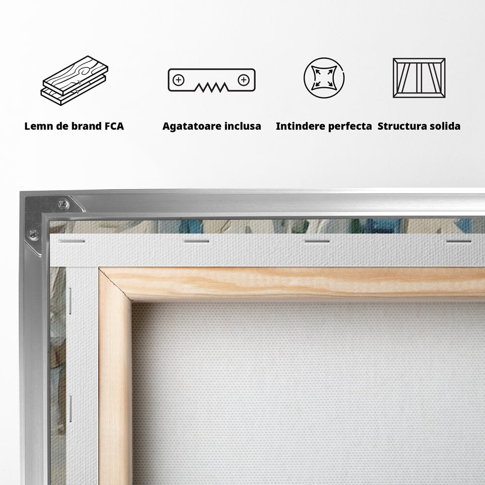 Spatele produsului, cu sasiu din lemn, capse metalice si agatatoare