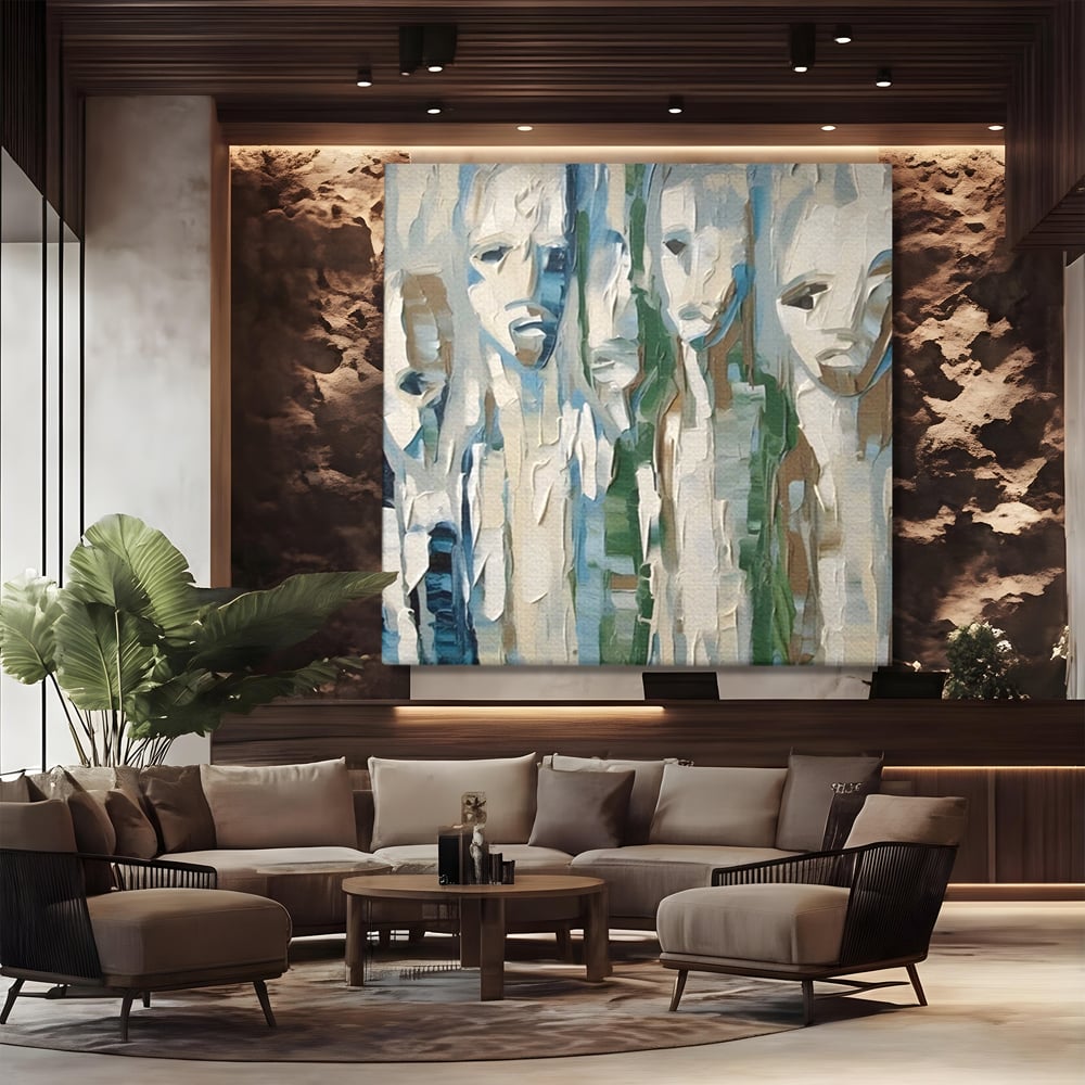 Tablou canvas cu tablou canvas cu fete abstracte, fara rama, pe sasiu de lemn, pe perete intr-un birou
