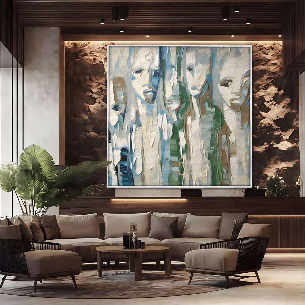Tablou canvas cu tablou canvas cu fete abstracte, in rama de aluminiu argintiu, pe perete intr-un birou