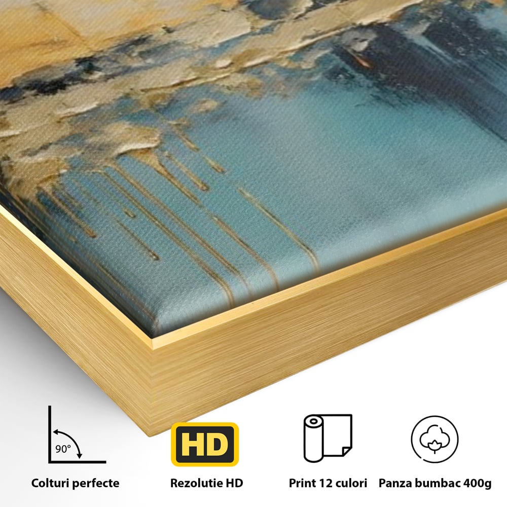 Detaliu al suprafetei: pictura abstracta cu texturi aurite, in rama de aluminiu auriu