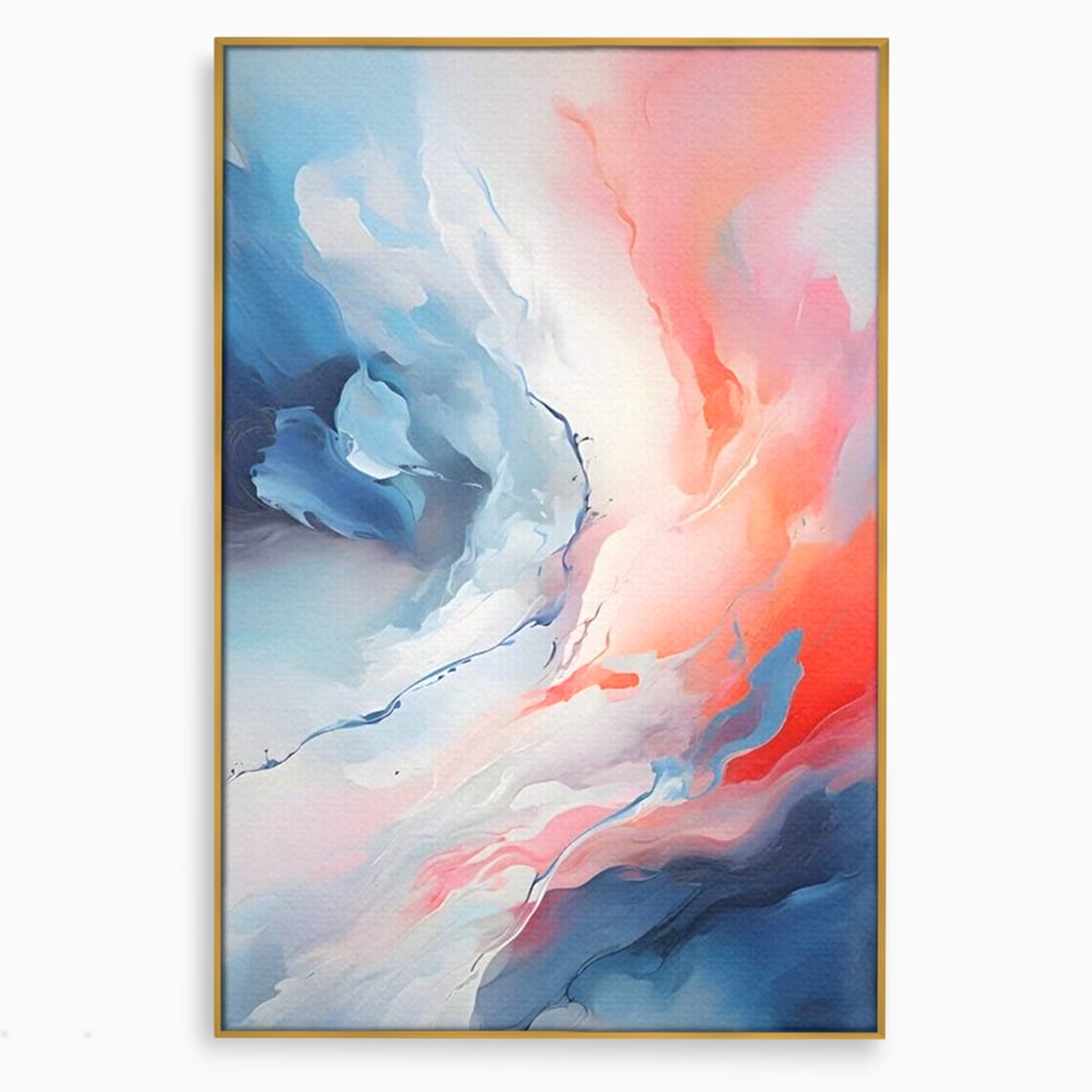 Tablou canvas cu pictura abstracta cu valuri cromatice, in rama de aluminiu auriu