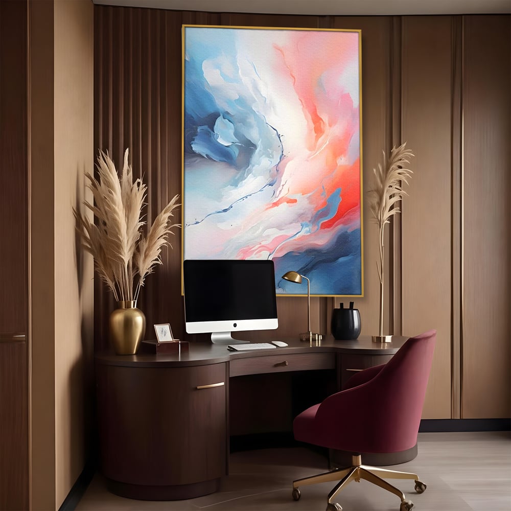 Tablou canvas cu pictura abstracta cu valuri cromatice, in rama de aluminiu auriu, pe perete intr-un birou