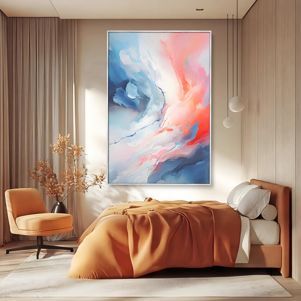 Tablou canvas cu pictura abstracta cu valuri cromatice, in rama de aluminiu argintiu, pe perete intr-un dormitor