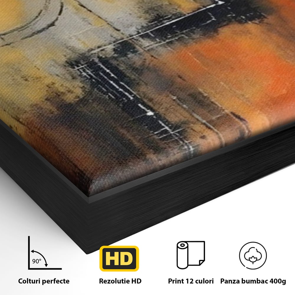 Detaliu al suprafetei: pictura abstracta cu cerc galben, in rama de aluminiu negru