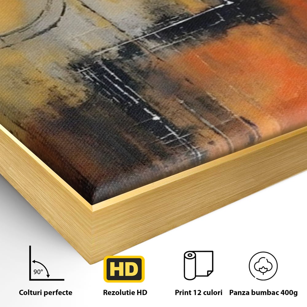 Detaliu al suprafetei: pictura abstracta cu cerc galben, in rama de aluminiu auriu