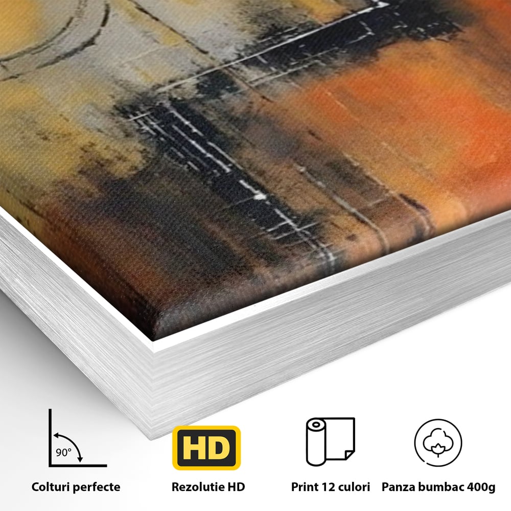 Detaliu al suprafetei: pictura abstracta cu cerc galben, in rama de aluminiu argintiu