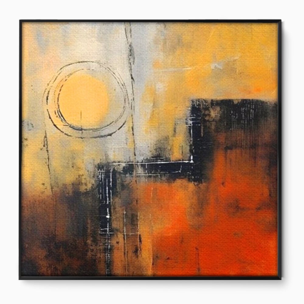 Tablou canvas cu pictura abstracta cu cerc galben, in rama de aluminiu negru