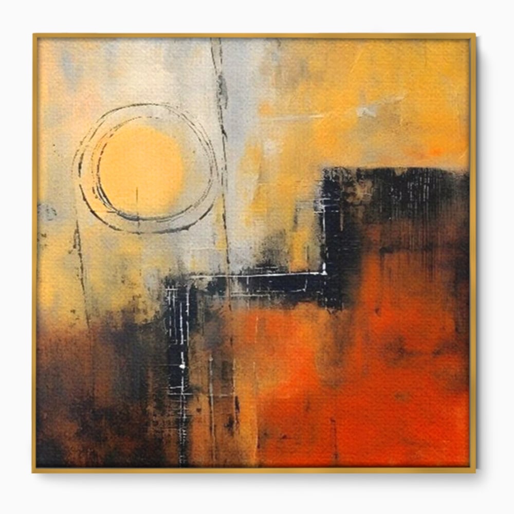 Tablou canvas cu pictura abstracta cu cerc galben, in rama de aluminiu auriu