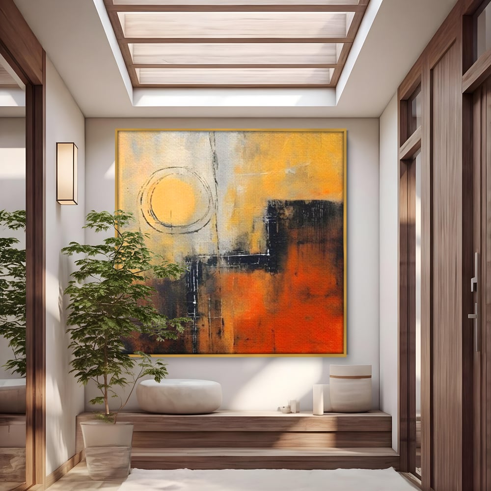 Tablou canvas cu pictura abstracta cu cerc galben, in rama de aluminiu auriu
