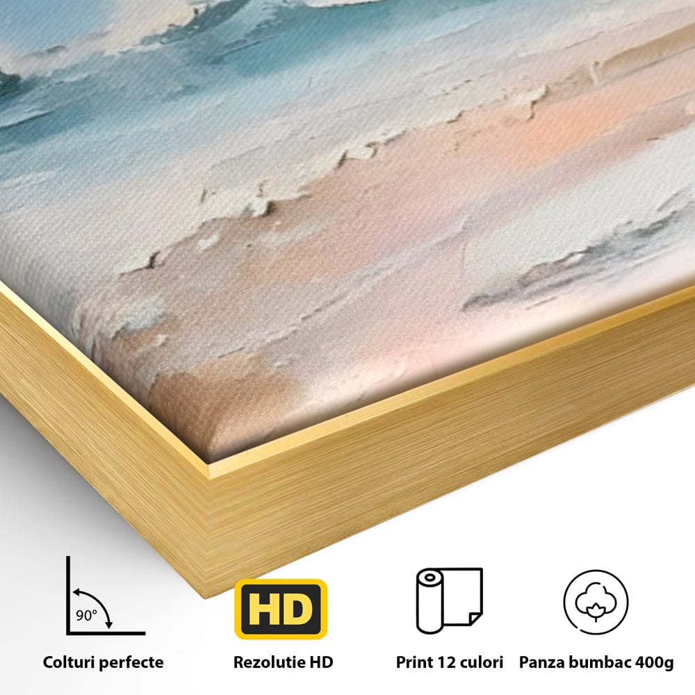 Detaliu al suprafetei: tablou pictat cu peisaj marin abstract, in rama de aluminiu auriu