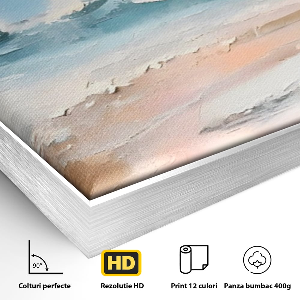 Detaliu al suprafetei: tablou pictat cu peisaj marin abstract, in rama de aluminiu argintiu