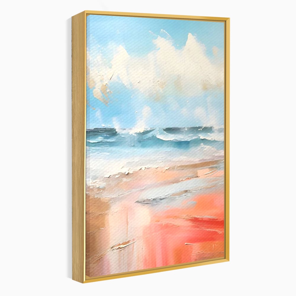 Tablou canvas cu tablou pictat cu peisaj marin abstract, in rama de aluminiu auriu