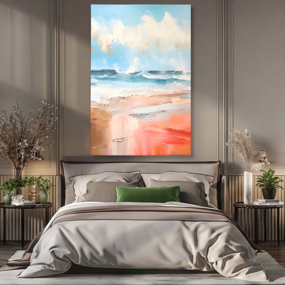 Tablou canvas cu tablou pictat cu peisaj marin abstract, fara rama, pe sasiu de lemn, pe perete intr-un dormitor