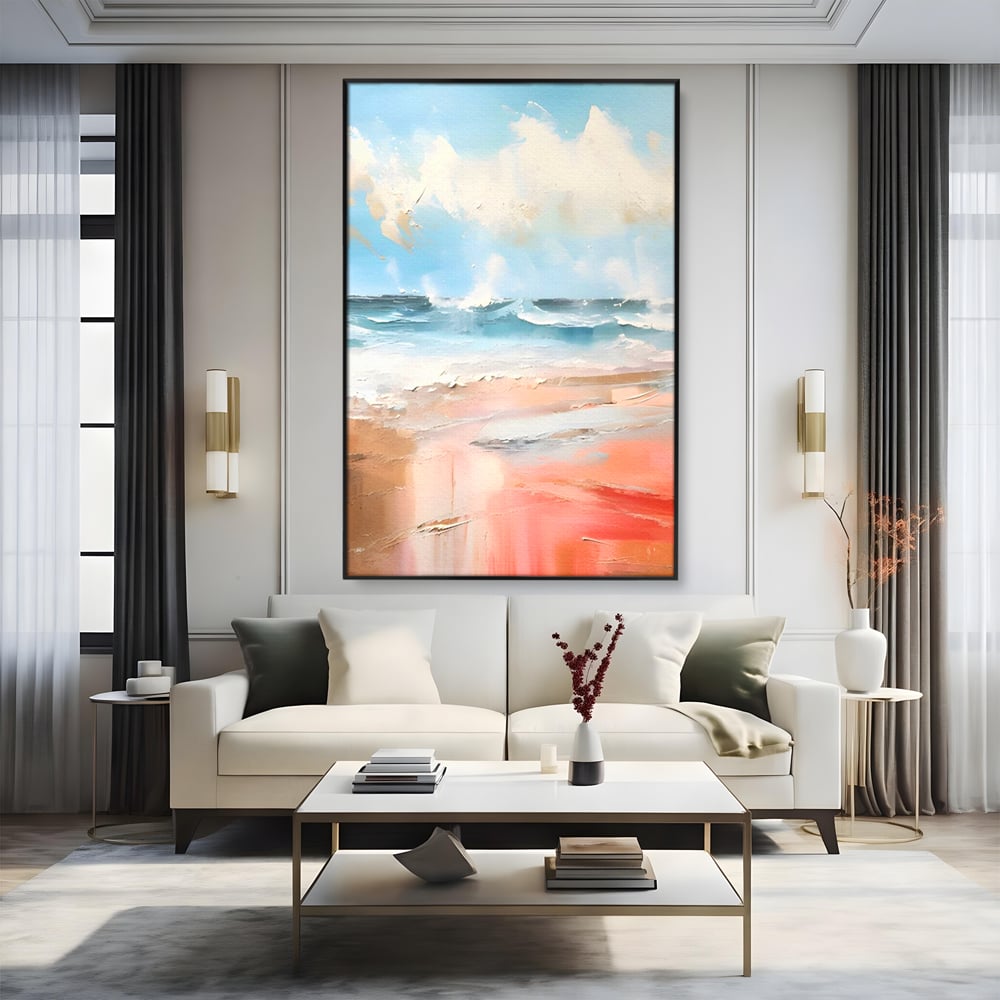 Tablou canvas cu tablou pictat cu peisaj marin abstract, in rama de aluminiu negru, pe perete intr-un living