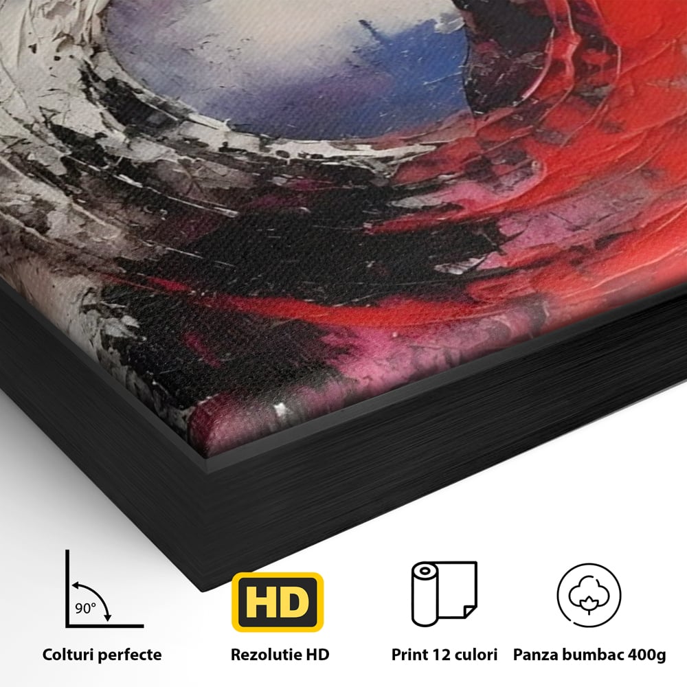 Detaliu al suprafetei: pictura abstracta cu vortex rosu si alb, in rama de aluminiu negru