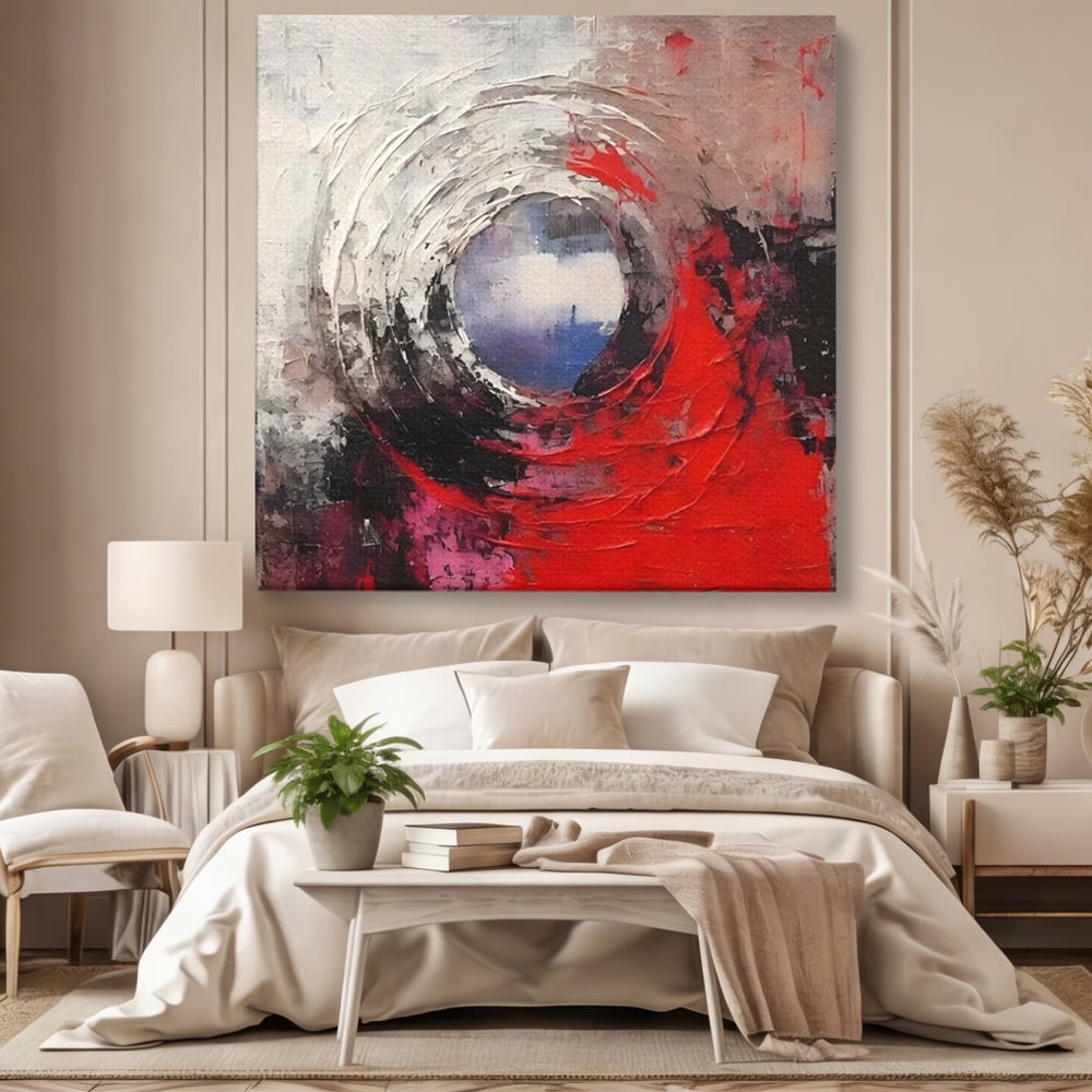 Tablou canvas cu pictura abstracta cu vortex rosu si alb, fara rama, pe sasiu de lemn, pe perete intr-un dormitor