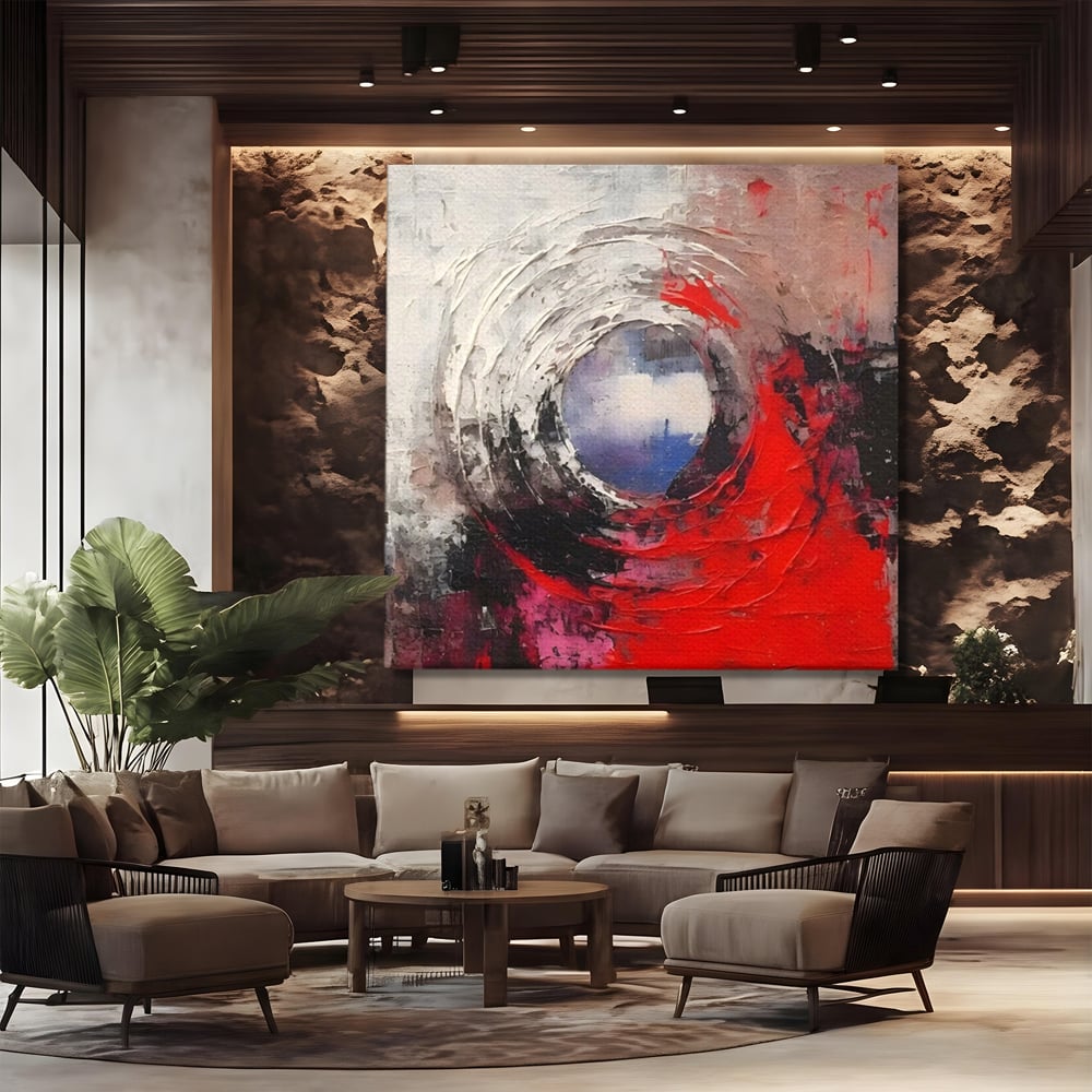 Tablou canvas cu pictura abstracta cu vortex rosu si alb, fara rama, pe sasiu de lemn, pe perete intr-un birou