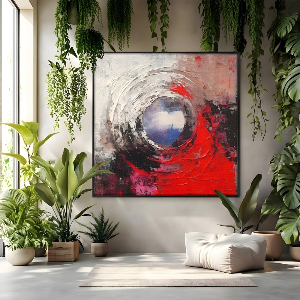Tablou canvas cu pictura abstracta cu vortex rosu si alb, in rama de aluminiu negru