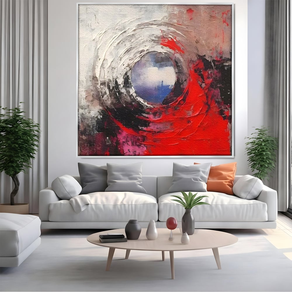 Tablou canvas cu pictura abstracta cu vortex rosu si alb, in rama de aluminiu argintiu, pe perete intr-un living