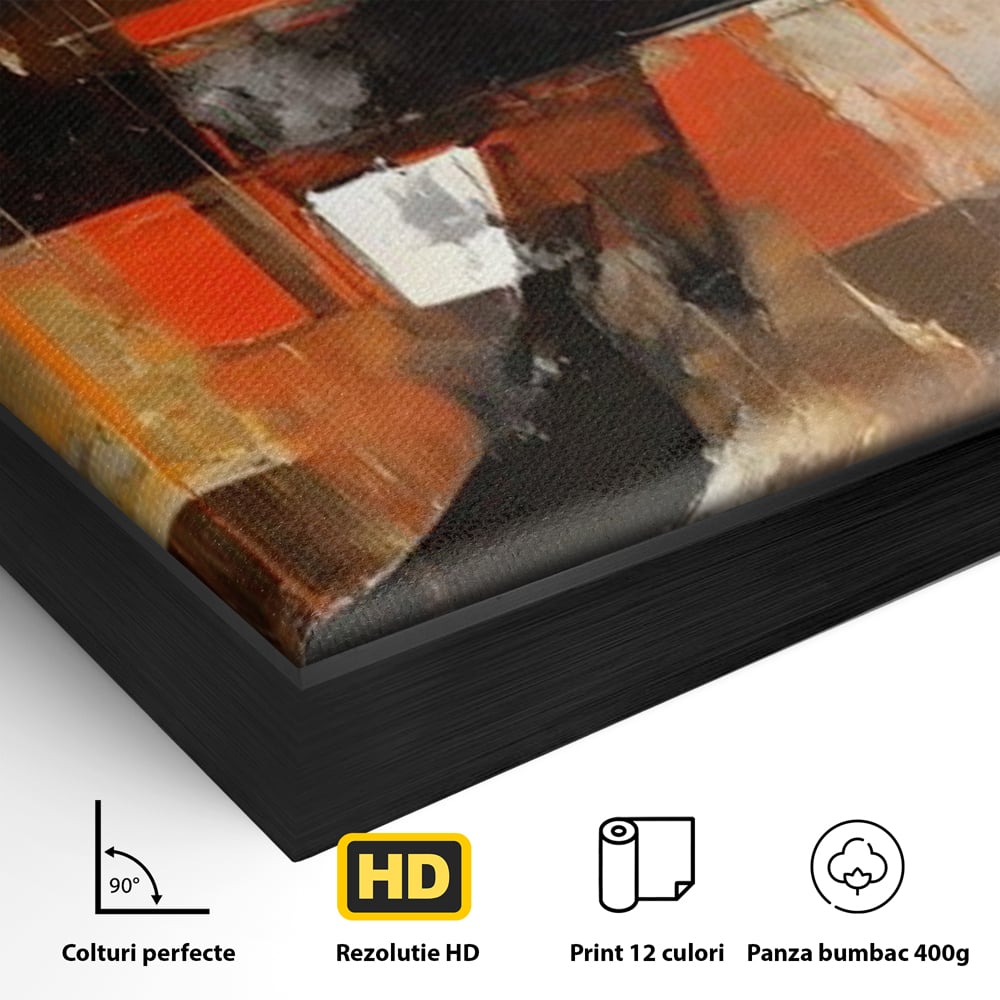 Detaliu al suprafetei: pictura abstracta cu cercuri negre, in rama de aluminiu negru