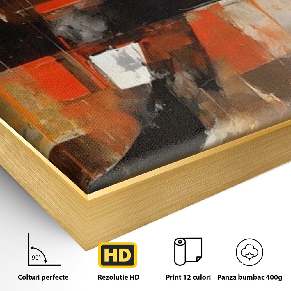 Detaliu al suprafetei: pictura abstracta cu cercuri negre, in rama de aluminiu auriu