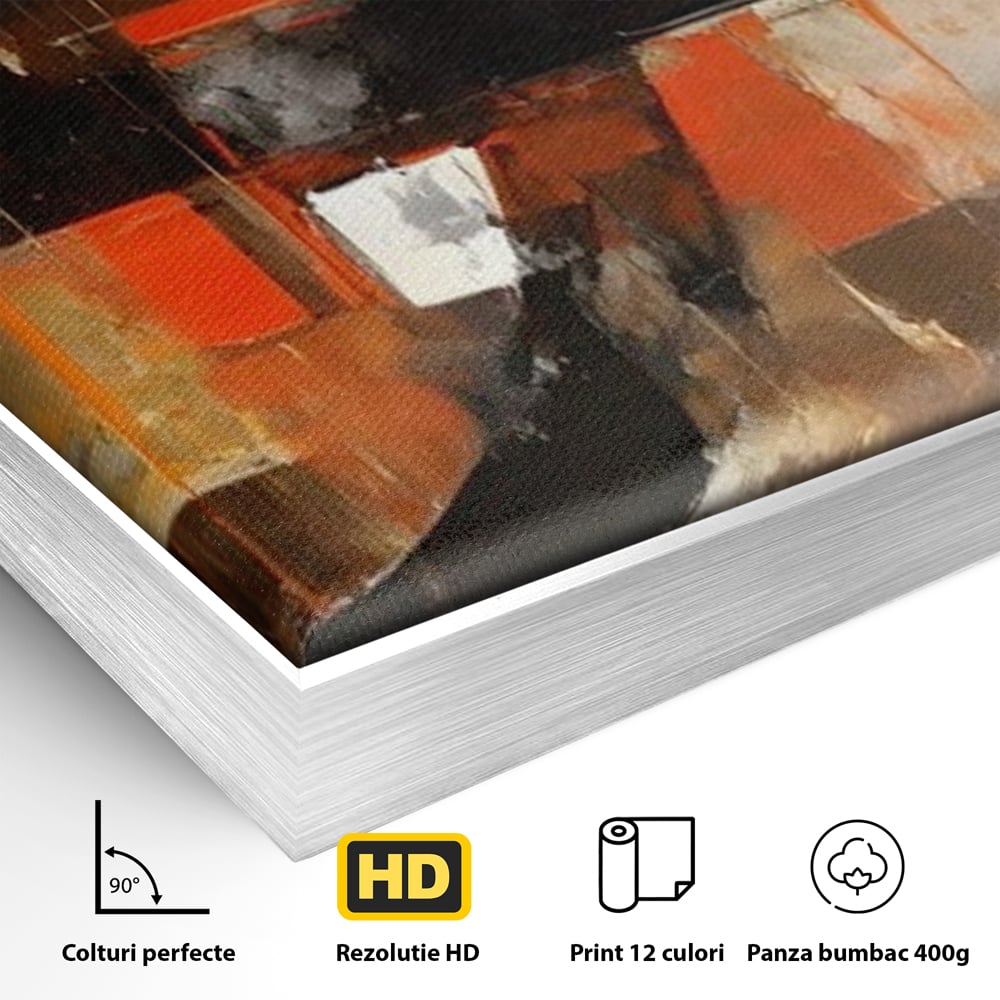 Detaliu al suprafetei: pictura abstracta cu cercuri negre, in rama de aluminiu argintiu