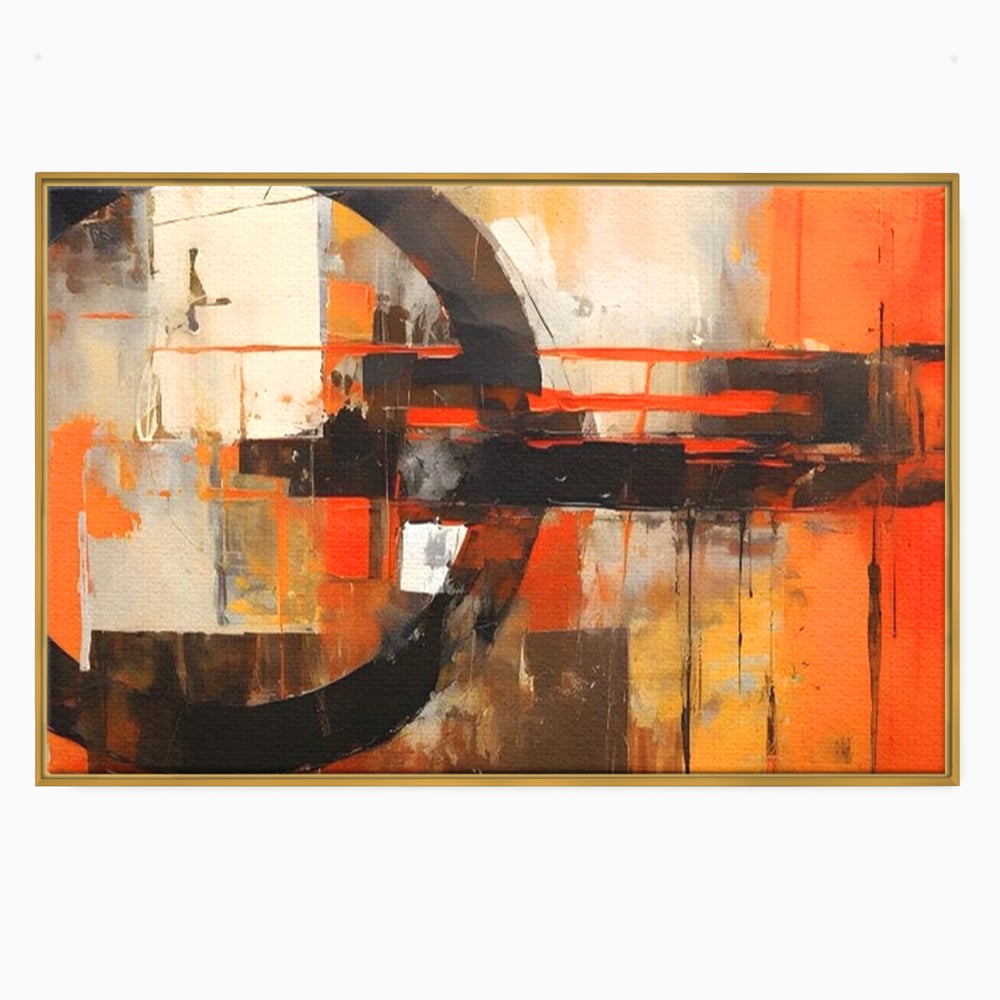 Tablou canvas cu pictura abstracta cu cercuri negre, in rama de aluminiu auriu