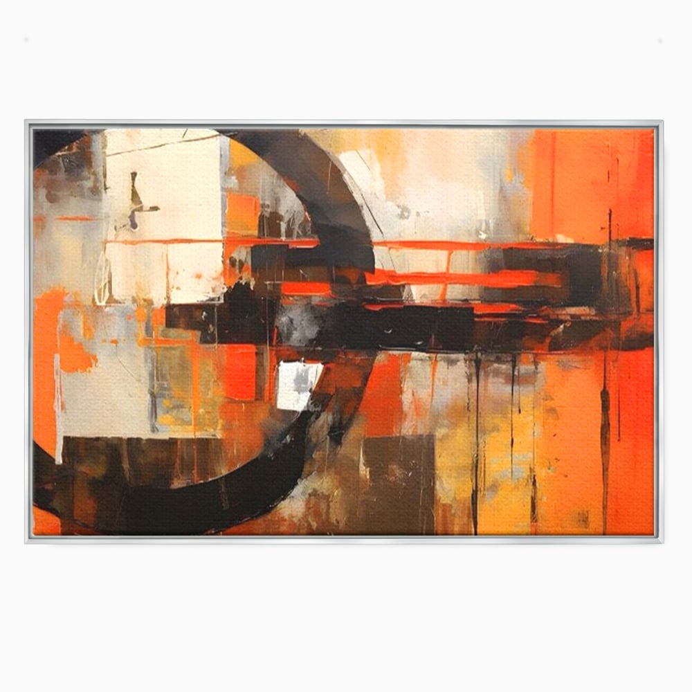 Tablou canvas cu pictura abstracta cu cercuri negre, in rama de aluminiu argintiu