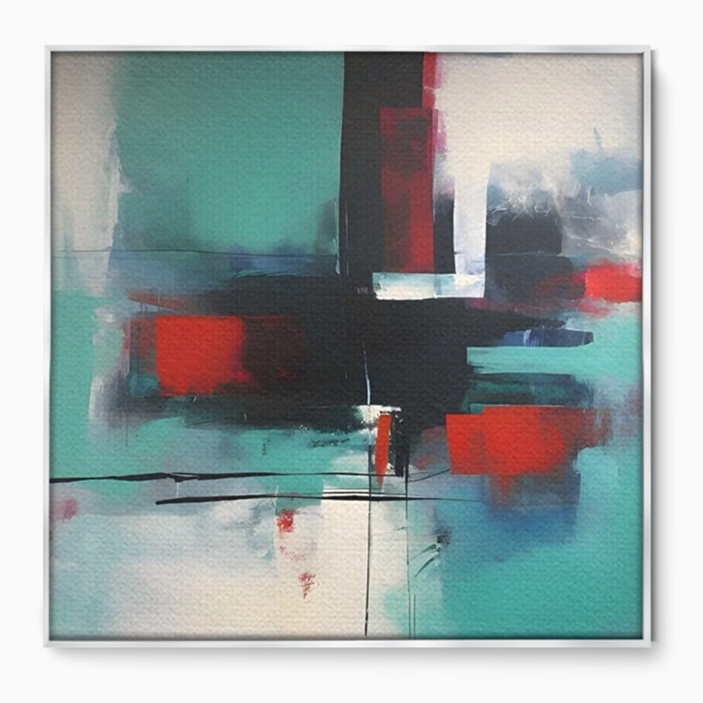 Tablou canvas cu pictura abstracta patrata cu pete rosii, in rama de aluminiu argintiu