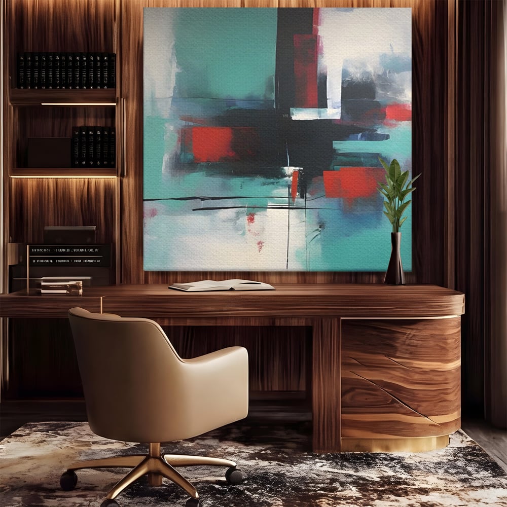 Tablou canvas cu pictura abstracta patrata cu pete rosii, fara rama, pe sasiu de lemn, pe perete intr-un birou